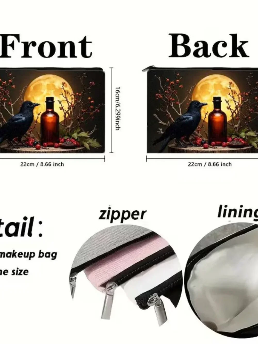 Halloween Dark Goth Crow & Moon w Bottle Make Up Bag Double-Sided 6.3h